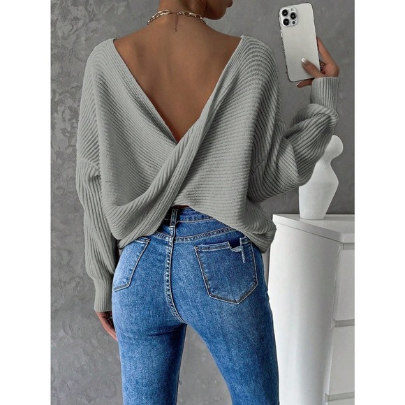Minimalist Twist Back Drop Shoulder Boat Neck Sweater backless - Picture 8 of 11